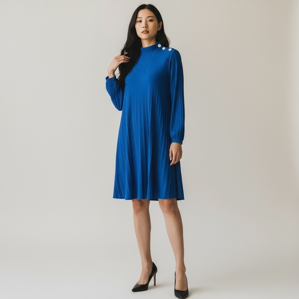 🌻B.yu Blue Pleated Mock Neck Long Sleeve Swing Dress Gold Button Accents Size S